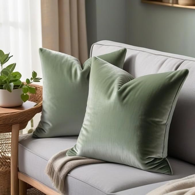 22x22 Velvet Pillow Covers Set of 2 Sage Green Decorative Square Throw Pillowcase Soft Solid Cushion Covers for Bedroom Living Room Outdoor Indoor Decoration - Image 2