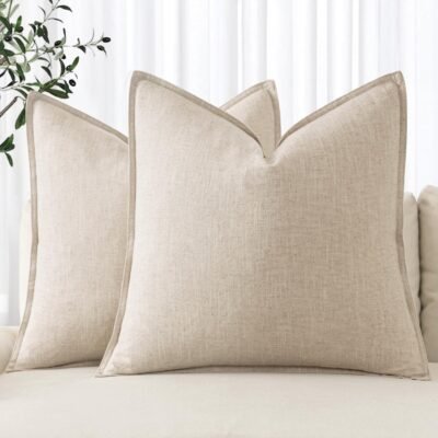 Decorative Linen Pillow Covers 24x24 Inch Natural Beige ​Boho ​ ​Neutral Couch Throw Pillows for Bed Pack of 2 Accent Outdoor Pillowcase Modern Sofa Cushion Livingroom Home Decor