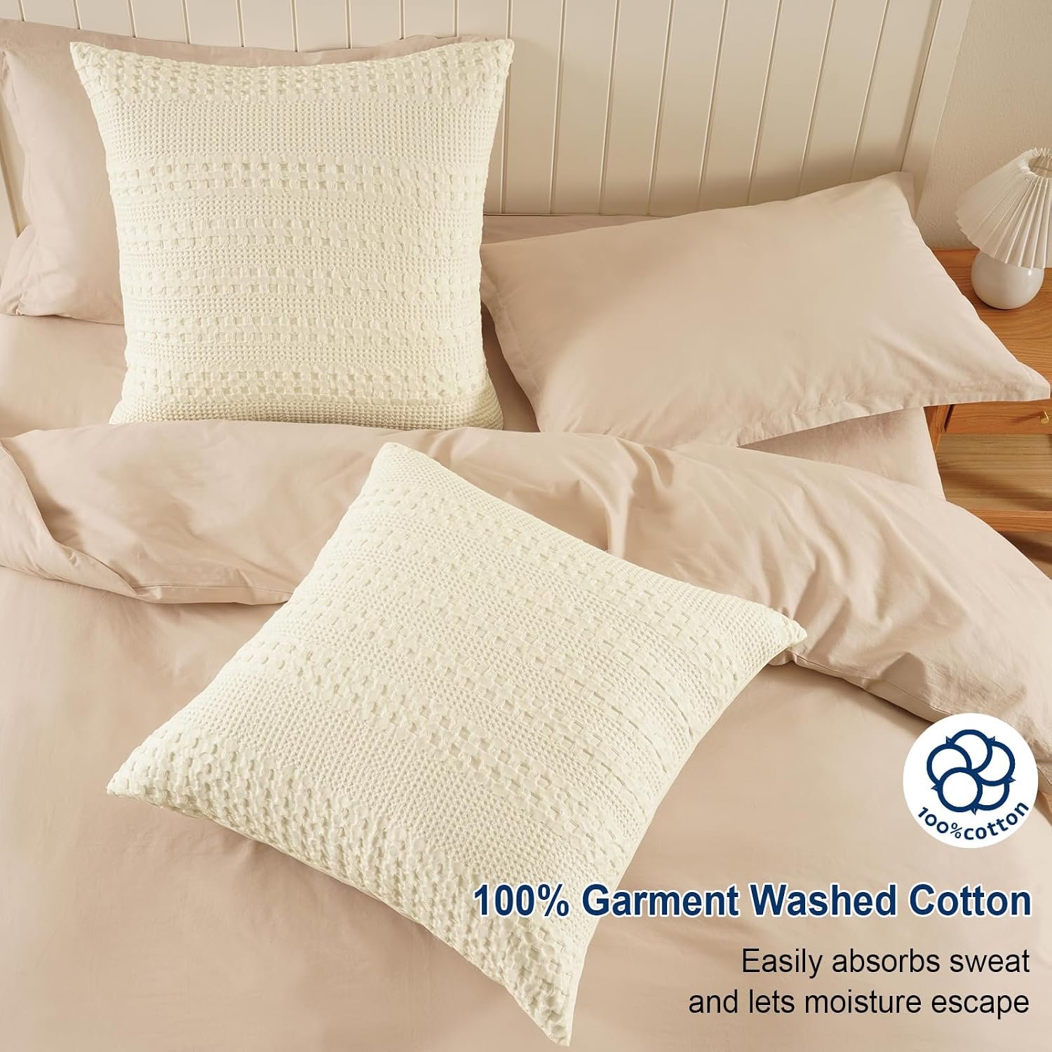 100% Cotton Waffle Weave Pillow Covers 24" x 24", 2 Pack Luxury Square Shell for Elegant Home No Filling, Luxury Aesthetic Soft Pillow Covers for Bed, Cannoli Cream - Image 2
