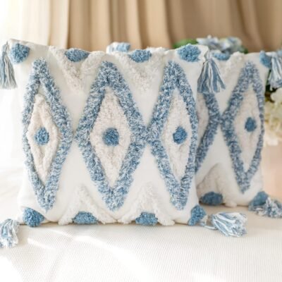 Set of 2 Cotton Woven Boho Throw Pillow Covers, Tufted Decorative Square Pillowcases Covers with Tassels for Couch Sofa Bed, Living Room Sofa, , 18x18 Inch Blue(2 pcs)