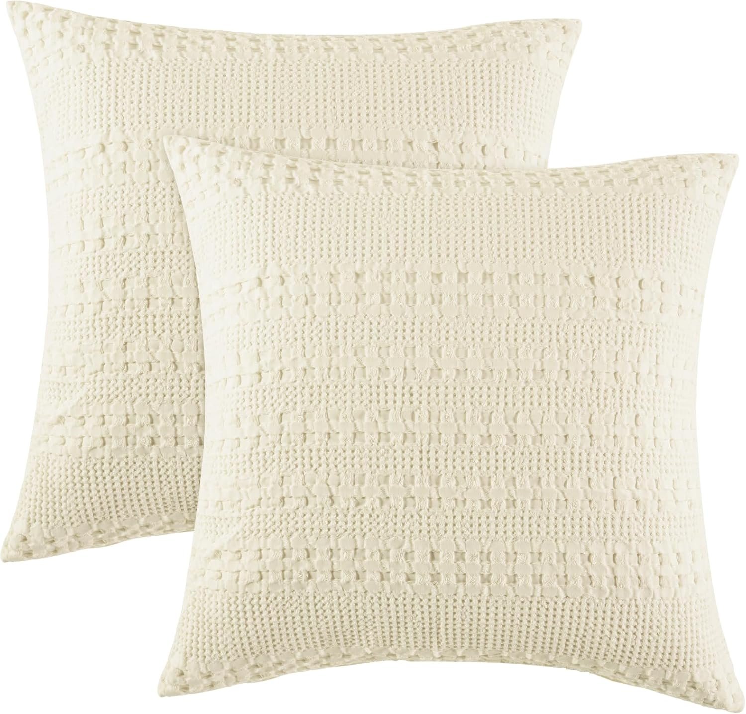 100% Cotton Waffle Weave Pillow Covers 24" x 24", 2 Pack Luxury Square Shell for Elegant Home No Filling, Luxury Aesthetic Soft Pillow Covers for Bed, Cannoli Cream