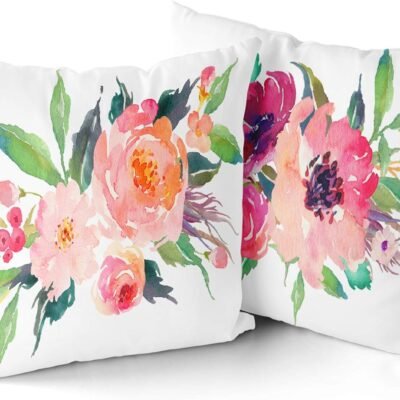 Set of 2 Throw Pillow Covers Watercolor Floral Pink Flower Decorative Pillow Cases Home Decor Square 18x18Inches Pillowcases