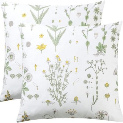 Floral Pillow Cases, 100% Cotton Fabric, Flower Cottagecore Botanical Cute Pattern Printed, Set of 2 Pillowcases Pillow Shams Covers, Yellow Green, European Size 26x26 Inches