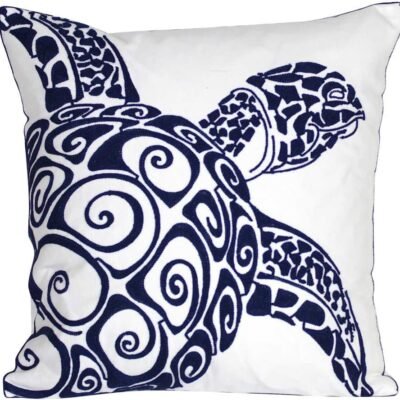 Embroidered Cute Nautical Animal Pillow Cover,Square 18 Inches Decorative Canvas Pillow Cover for Nautical Style Deco by (Navy-Sea Turtle)