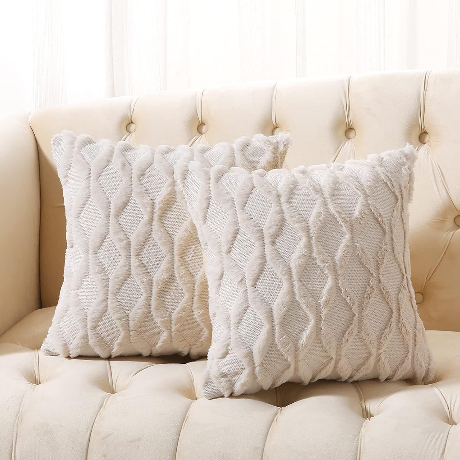 Pack of 2 Faux Wool Throw Pillow Covers 20x20 Inches Decorative Velvet Couch Pillow Case Soft Plush Square Boho Cushion Pillowcase, Embroidery, Geometric, Home, Beige