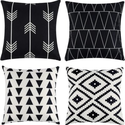 Set of 4 Decorative Geometric 18 x 18 Inches Throw Pillow Covers - Modern Pattern Linen Square Pillow Cushion Case for Sofa Couch Bed Home Outdoor Car (18" x 18", Black)