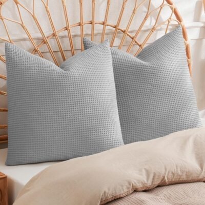 100% Cotton Waffle Weave Throw Pillow Cover, 18" x 18", No Filling, 2 Pack Elegant Home Decorative Square Throw Pillow Covers for Bed Couch Sofa, Light Grey