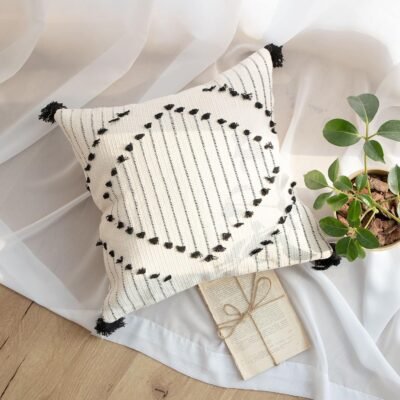 Decorative Boho Tassel Throw Pillow Covers for Couch Sofa Bedroom Living Room Home Decoration Diamond Square Woven Cotton Cushion Cover Modern Black and White Pillow Cases, 18 x 18 Inch