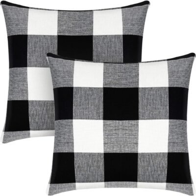 Set of 2 Buffalo Check Throw Pillow Covers  Outdoor Plaid Square Pillow Cushion Case Black and White Polyester Linen for Christmas Thanksgiving Decor Car Bed Sofa, 18 x 18 inches