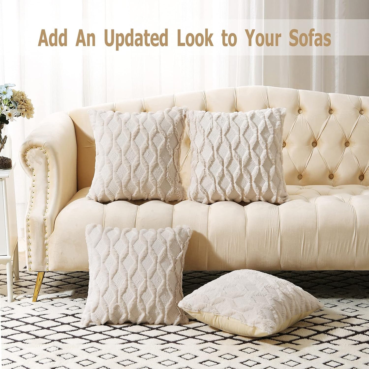 Pack of 2 Faux Wool Throw Pillow Covers 20x20 Inches Decorative Velvet Couch Pillow Case Soft Plush Square Boho Cushion Pillowcase, Embroidery, Geometric, Home, Beige - Image 2