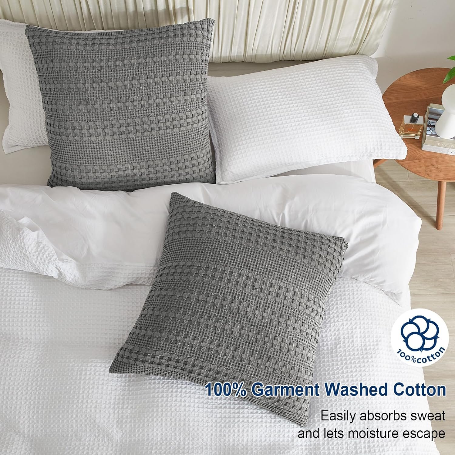 100% Cotton Waffle Weave Euro Sham Covers, 2 Pack 26" x 26" Bed Pillow Covers for Elegant Home No Filling, Luxury Aesthetic Soft Euro Pillow Cases for Bed, Dark Grey - Image 2