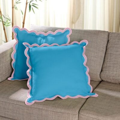 Throw Pillow Covers | (18 x 18) Set of 2 Scallop Pillow Cover | Decorative Pillow Covers | Accent Throw Pillows or Outdoor Pillow | Cotton Pillow Covers Standard Size | Blue Throw Pillows