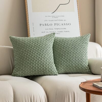 2 Packs Decorative Throw Pillow Covers 18x18 Inch for Living Room Couch Bed Spring Sofa Soft Striped Corduroy Square Cushion Case 45x45 cm  Boho Home Decor Sage Green