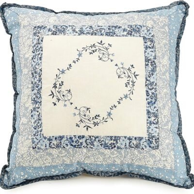 Embroidered Bedspread, 16" Square Pillow, Blue Floral
